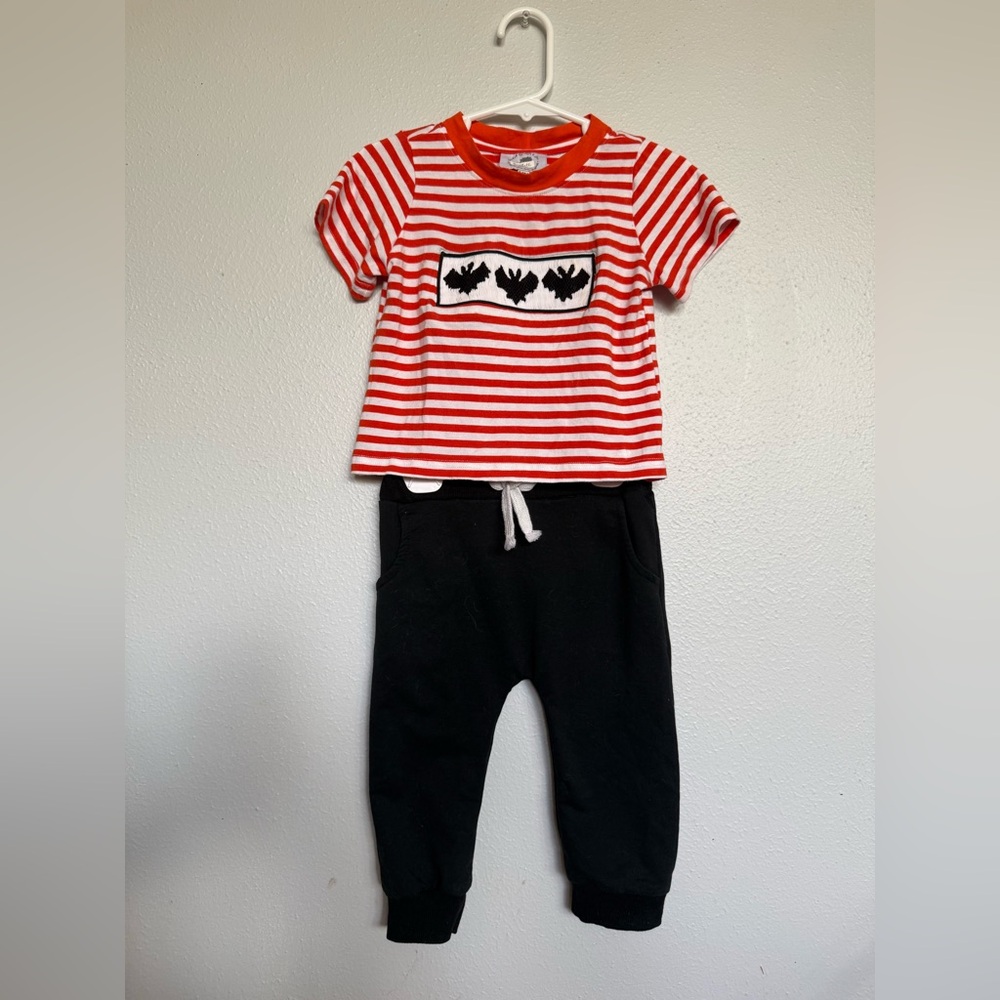 Hand Smocked Bats Orange & White Striped Tee with Black Jogger Pants